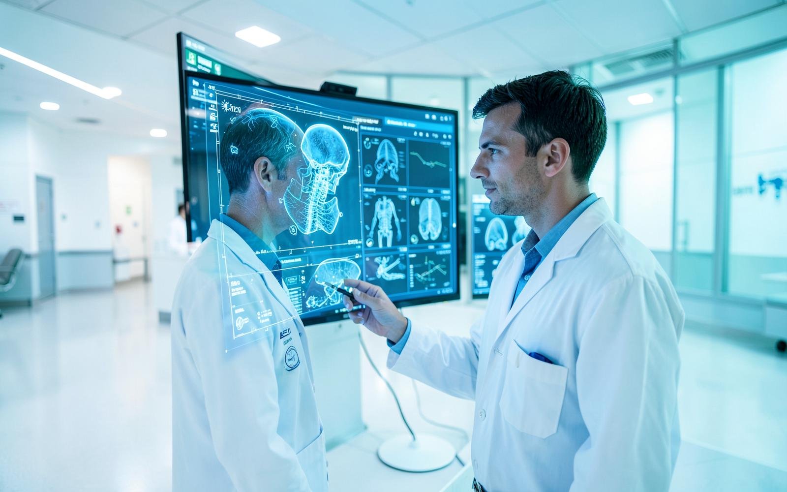 Clinicians reviewing medical imaging data on a large screen